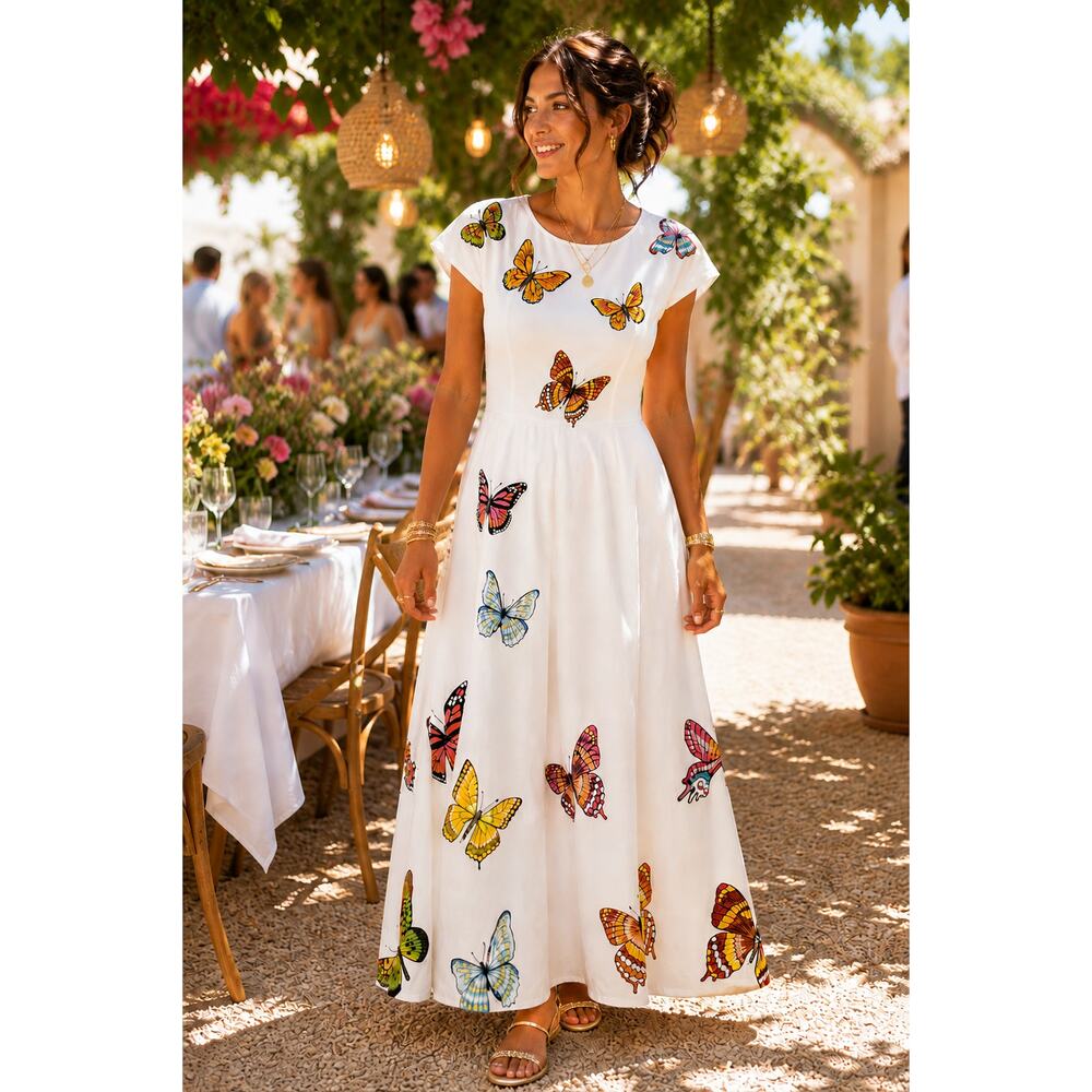 NWT Anthropologie Fanm Mon Short-Sleeve White Embroidered Maxi Dress Sz XS